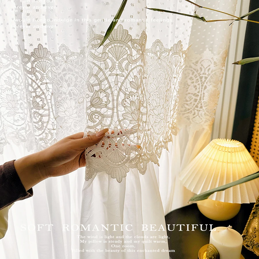 1Pc,White Fluff Balls Dotted Splice Pure Tulle with Hollow out Lace Curtains ,French Romantic Sheer Curtains for Bedroom