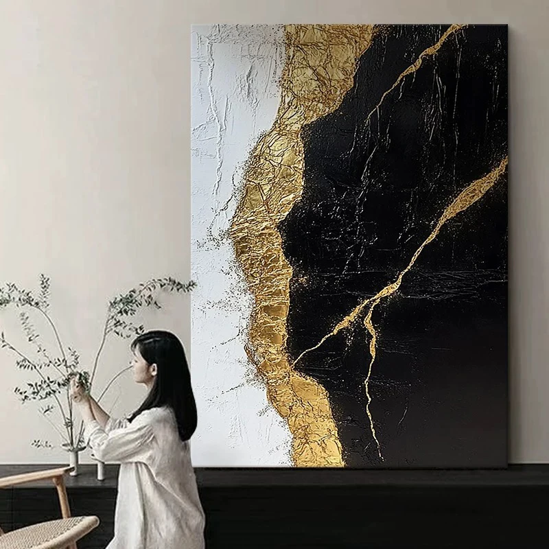 

Картина маслом ручной работы на холсте: абстрактное золото и черный, настенное искусство, текстурный постер для гостиной, веранды, отеля, декоративное панно