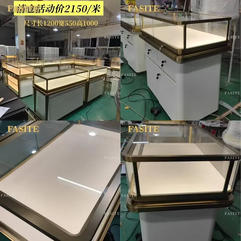 For Jewelry Display Cabinet Curved Glass Showcase with LED Light and Lock Stainless Steel Bottom Storage Unit Retail Store