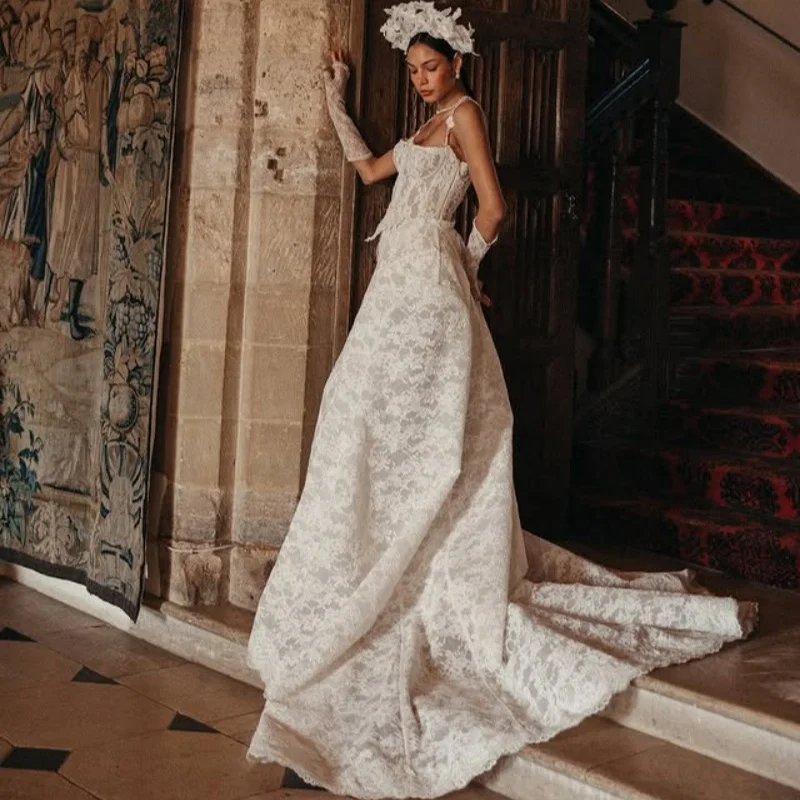 Shiny ivory white Wedding Dresses off-shoulder fishtail Lace decal fishtail Gowns Made wedding dress Customized