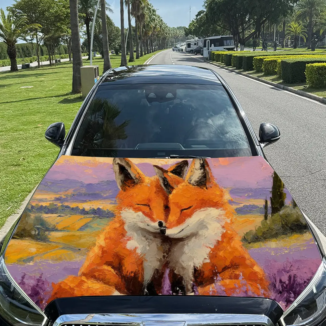 

Romantic Fox Pair PVC Car Engine Hood Vinyl Wraps, Self-Adhesive Waterproof Car Hood Decal Sticker, Car Decoration Protection St