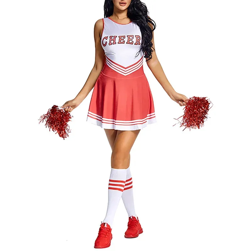 

l2025l Halloween Womens Cheerleading Uniform Dance Costume Schoolgirl Cosplay Outfit Letter Print Sleeveless Dress with Socks Ch