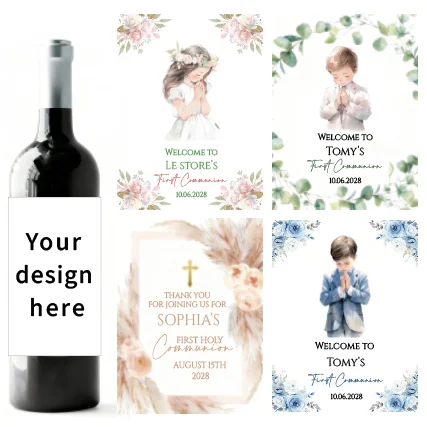 

Personalized First Communion Wine Bottle Label Champagne Sticker Girl Boy Baptism Custom Name Print
