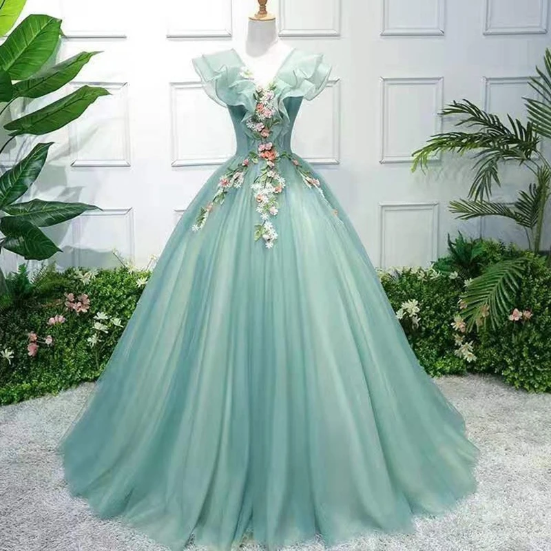 

Green Ball Gown V Quinceanera Dresses Appliques Tulle Prom Birthday Party Gowns Formal Occasion Vestido De Noche