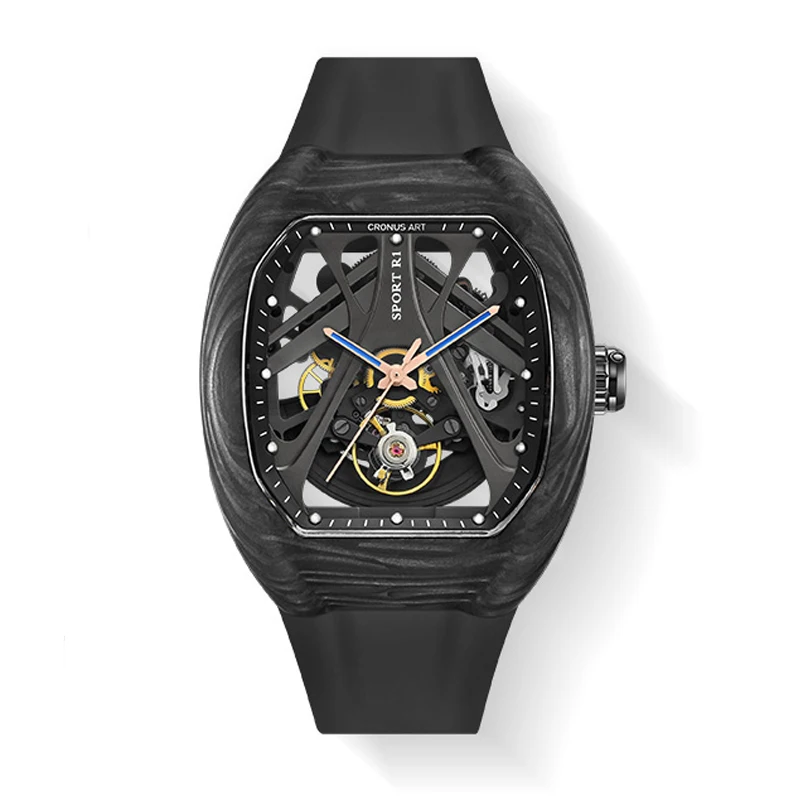 

CRONUSART Men Automatic Watch 49MM Carbon Fiber Tonneau Case Mechanical Wristwatch Fluororubber Strap Fold Hidden Crown Handle