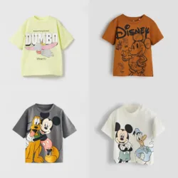 Camiseta con estampado de Mickey Mouse para niños, jersey de cuello redondo, camiseta Base, Tops de dibujos animados de nuevo estilo, camiseta fina, suave y Linda, manga corta