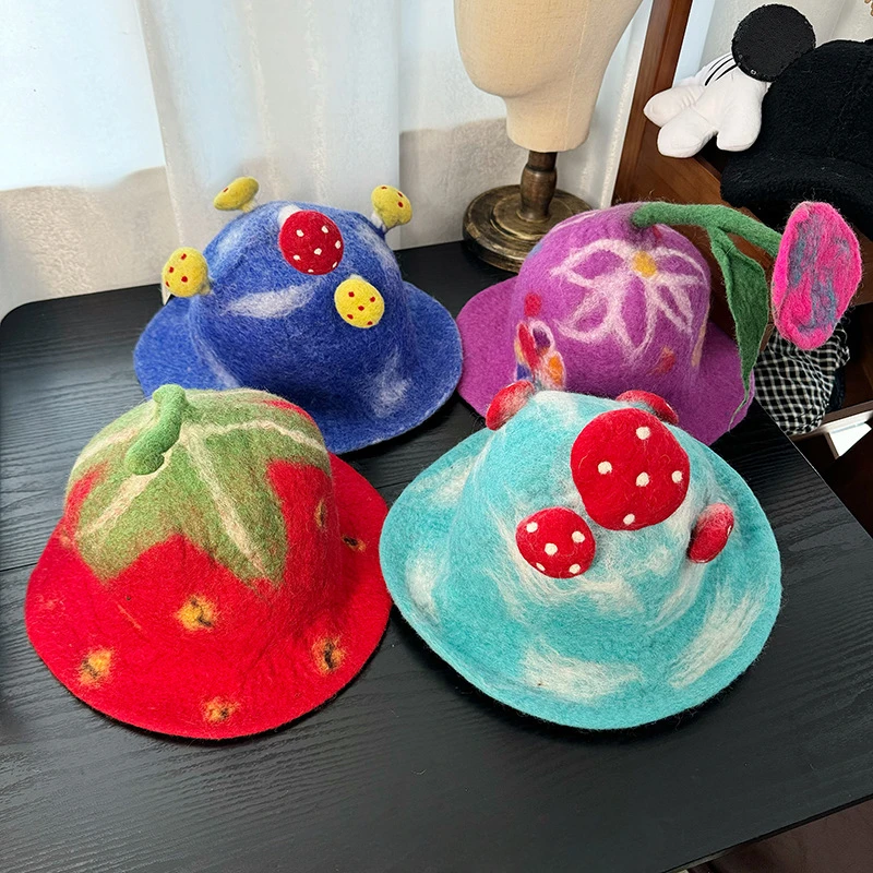 Cute Cartoon Design Handmade Wool Bucket Hats for Women and Men Autumn Winter Travel Photo Personality Warm Creative Gift