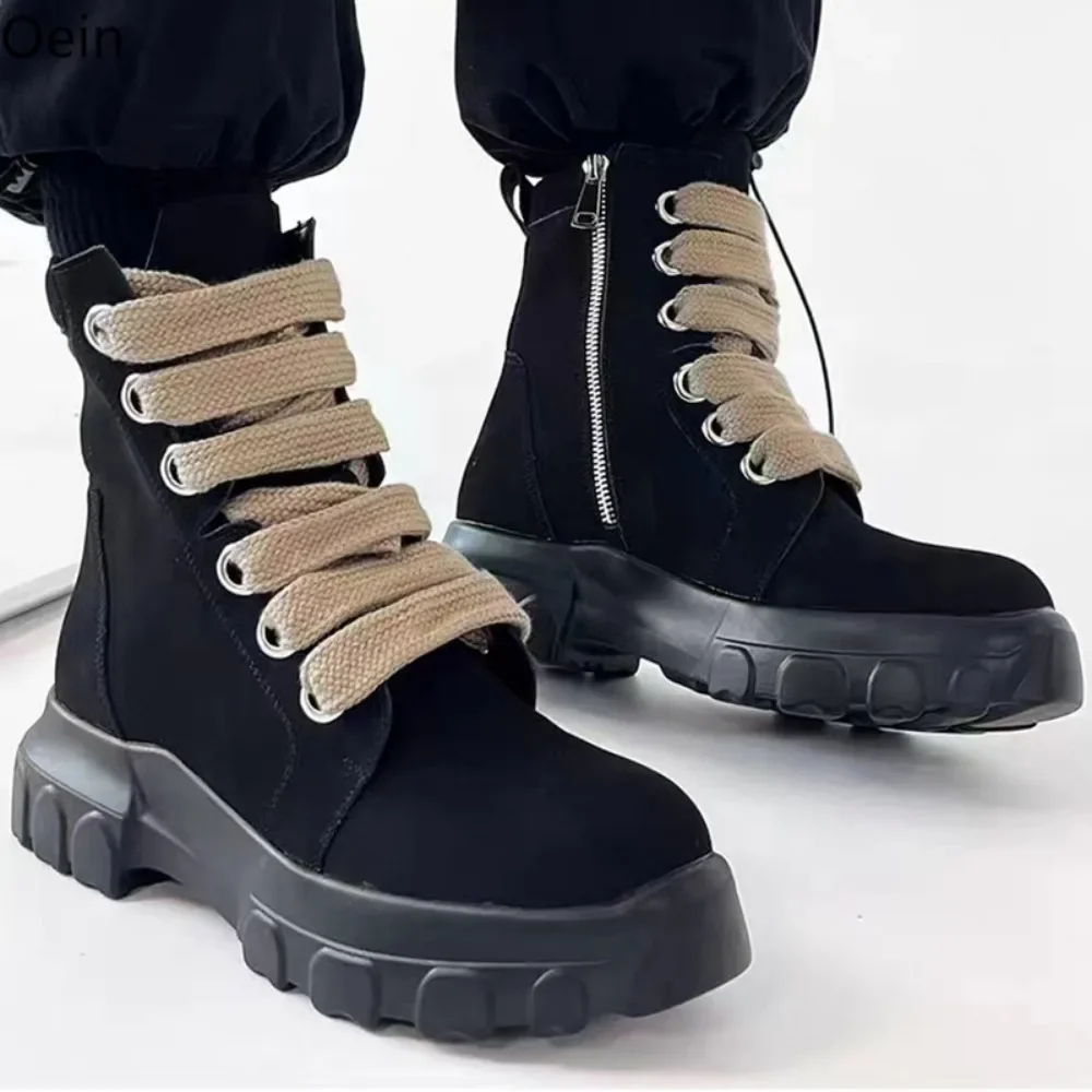 Mens Round Toe Ankle Boots Plaform Chunky High Heel Lace Up Retro Punk Shoes Genuine Leather Motorcycle New 2024