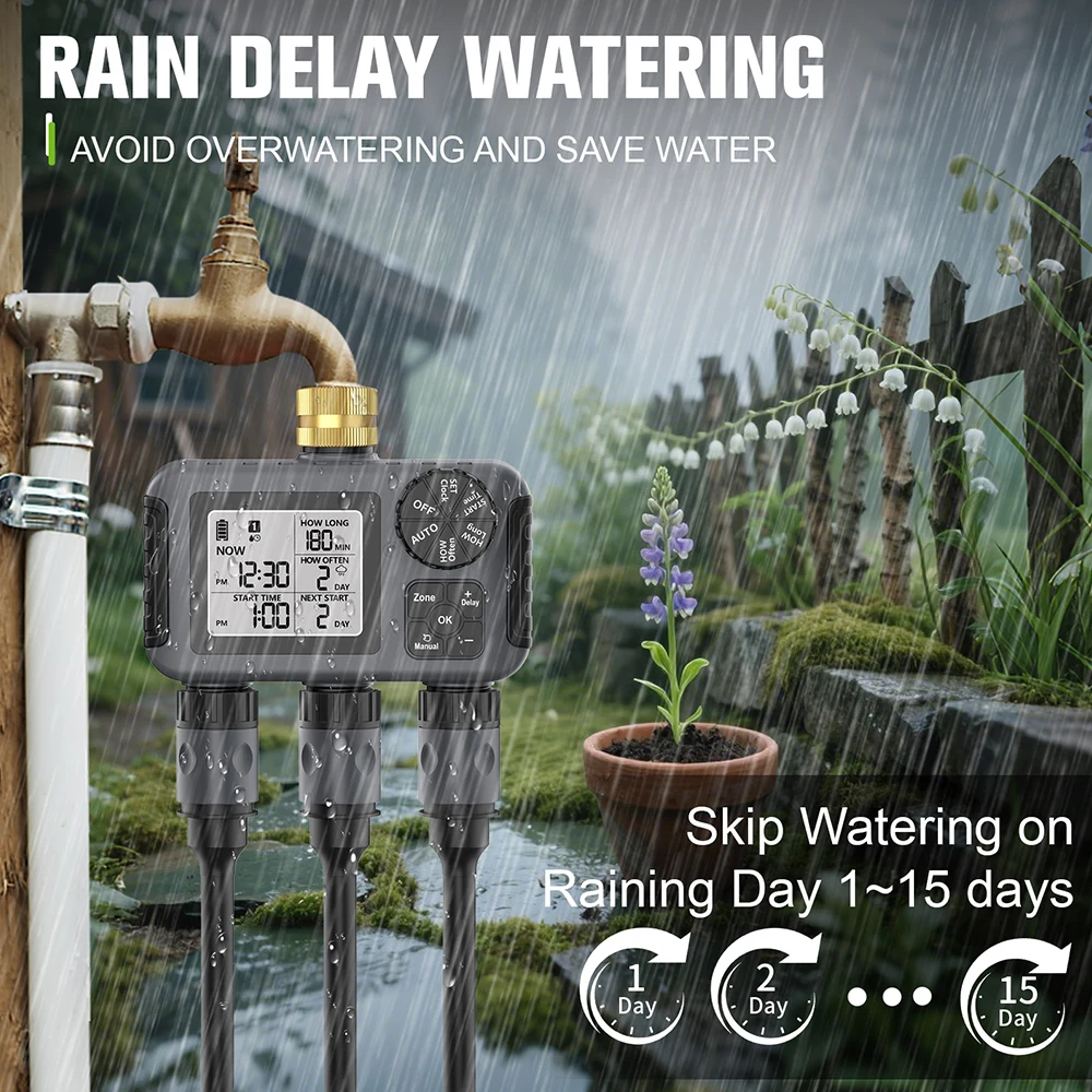 3 Outlets Irrigation Water Timer Programmeable Irrigation System Rain Delay Watering System Outdoor Garden Watering Timer