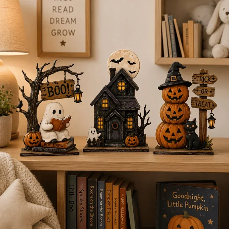 6/3 Stück Retro-Halloween-Holz-Dekoration für den Innenbereich, Retro-Holzblöcke, geeignet zur Dekoration von Regalen, Geister, Kürbisse. – Detail 1