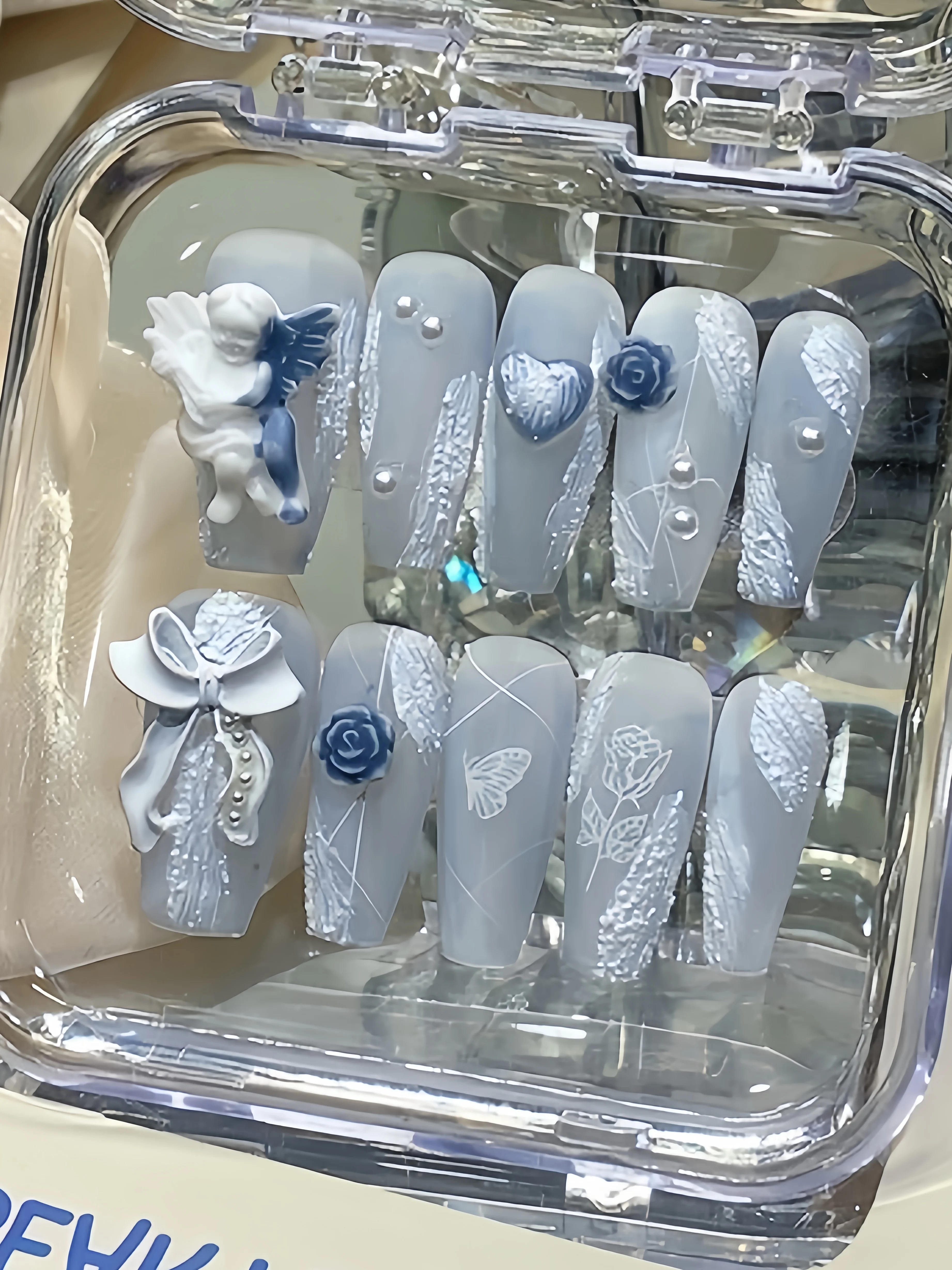 Ins High-End Angel-Themed Handmade Nails, Misty Blue-Gray Base Color with Plaid Lines and 3D Bow Nail Art, Exquisite Fake Nails for Banquets and Anniversaries