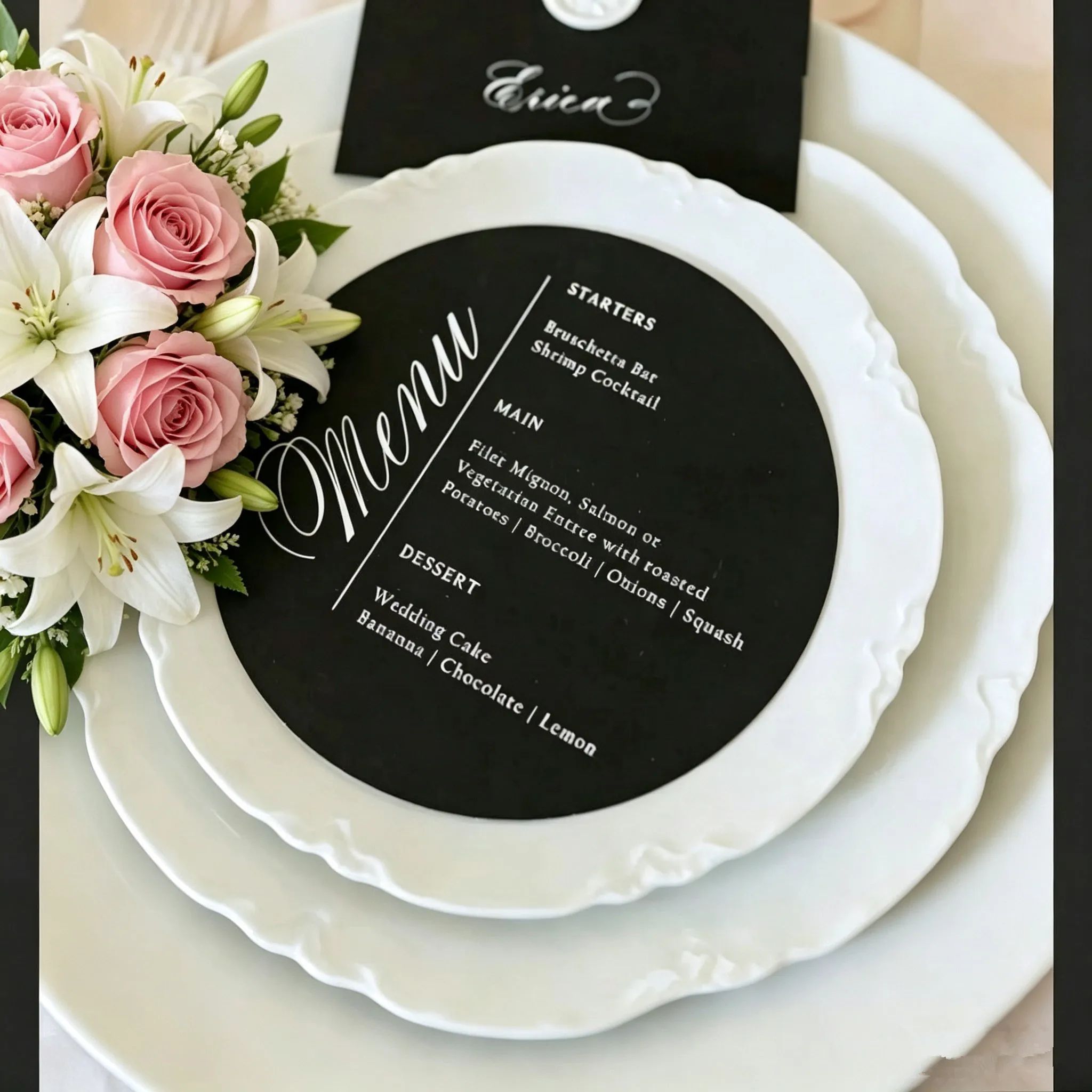 10pcs Elegant Black Paper Wedding Menu Invitation Card with White Ink Print Round Shape Custom Thank you Card Design