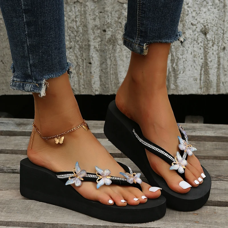 

Brand Design Crystal Butterfly Wedge Heel Flip Flops Women 2025 Summer Chunky Platform Slippers Soft Thick Bottom Beach Sandals