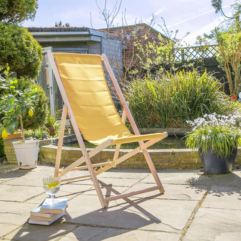 

Adjustable Beach Lounger Chair in Mustard Canvas with Folding Wood Frame for Outdoor Patio