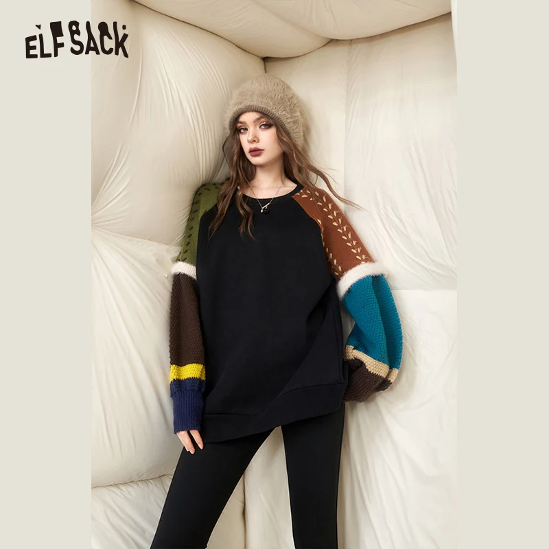 ELFSACK Korean Fashion Fleece Sweatshirt Women 2023 Winter New Spliced Plus Size Tops