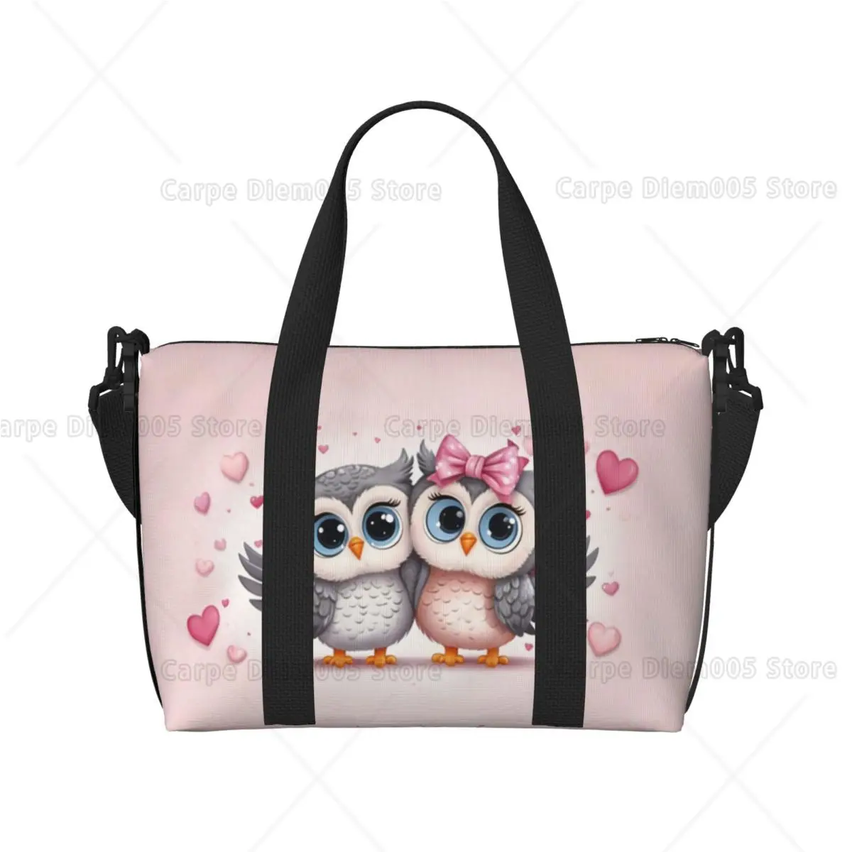 

Сумка-дафл с принтом милой пары сов, розовая, с сердечками, холщовая дорожная сумка-тоут, сумка через плечо с регулируемым ремнем для женщин и девушек