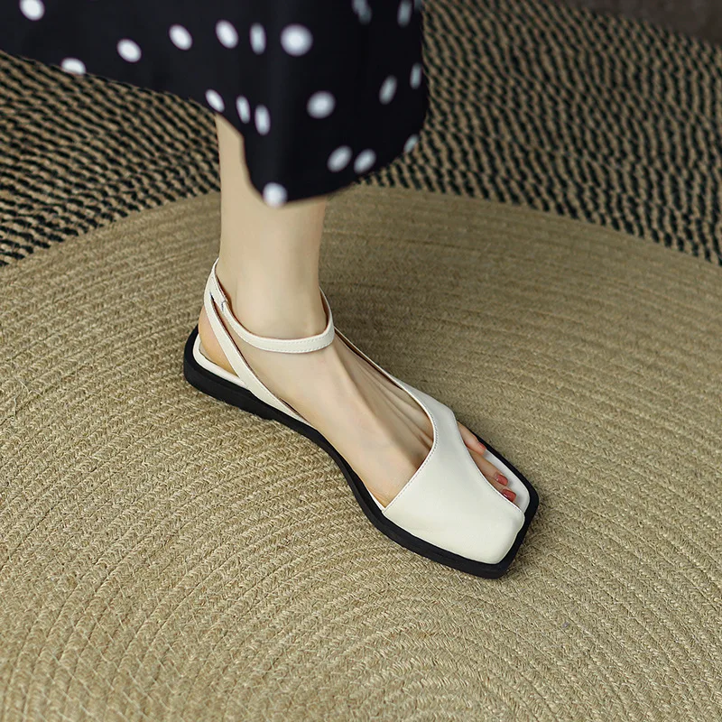 Flat Bottom Hollow Sandals Summer Retro Casual Square Head Solid Color Shoes Rome Elegant Buckle Slippers Sandalia Femininos