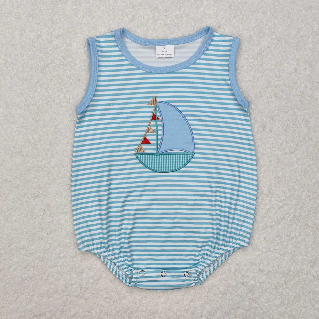 Wholesale Baby Boy Newborn Sleeveless Clothing Toddler Stripes Embroidery Boat Bubble Romper Kids Children Infant Jumpsuit