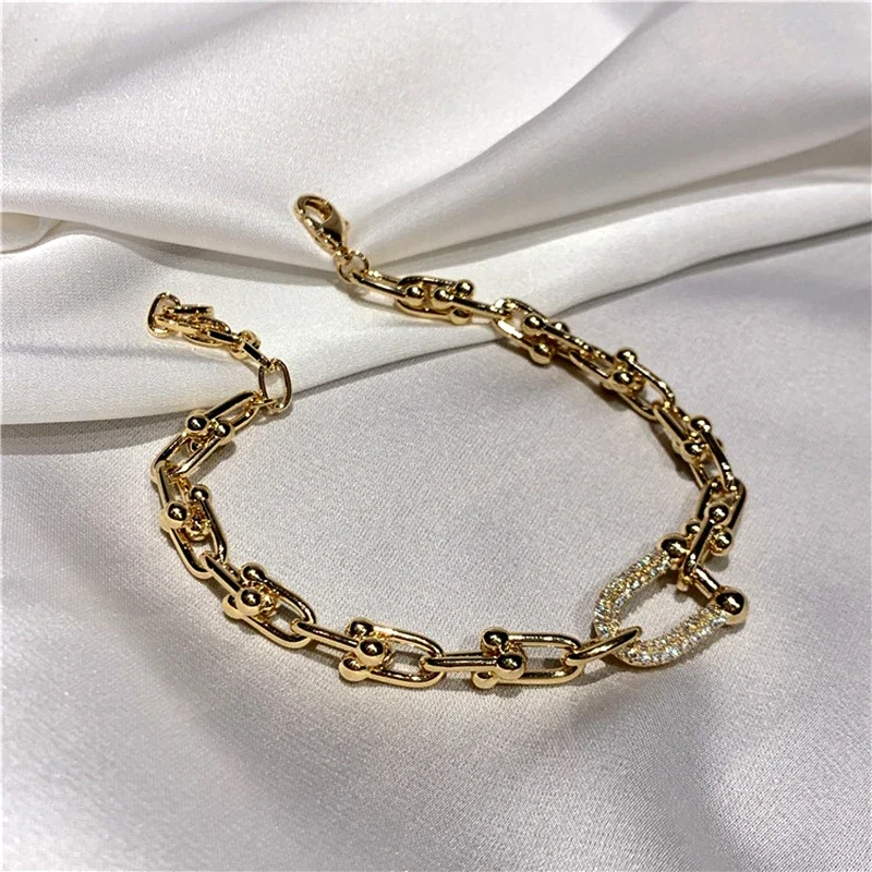 Trendy Design Geometry U Shape Metal Bracelet for Women Korean Fashion Temperament Jewelry Shiny AAA Zircon Gift