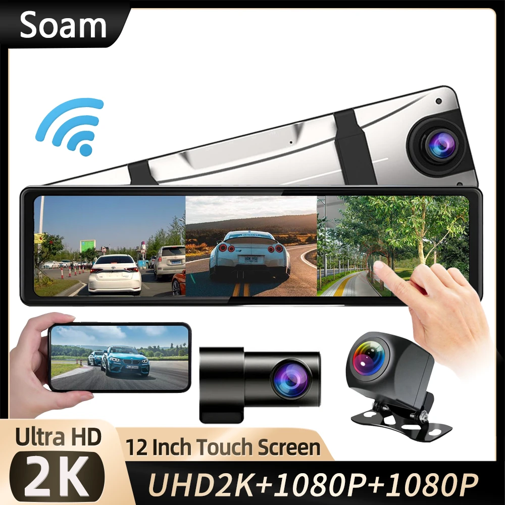 Dash Cam Mirror 12 Inch Touch Screen QHD 2K 3-Lens Video Recorder Rearview Mirror 3 Channel WiFi Car DVR Mirror DVR Black Box