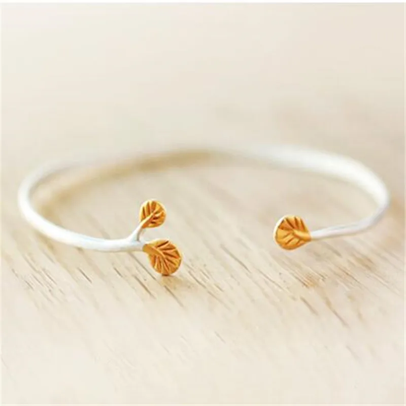 New Fashion Jewelry Creative Personality 925 Sterling Silver Bracelets Leaf Branch Golden Leaves Exquisite Opening Bangles B136