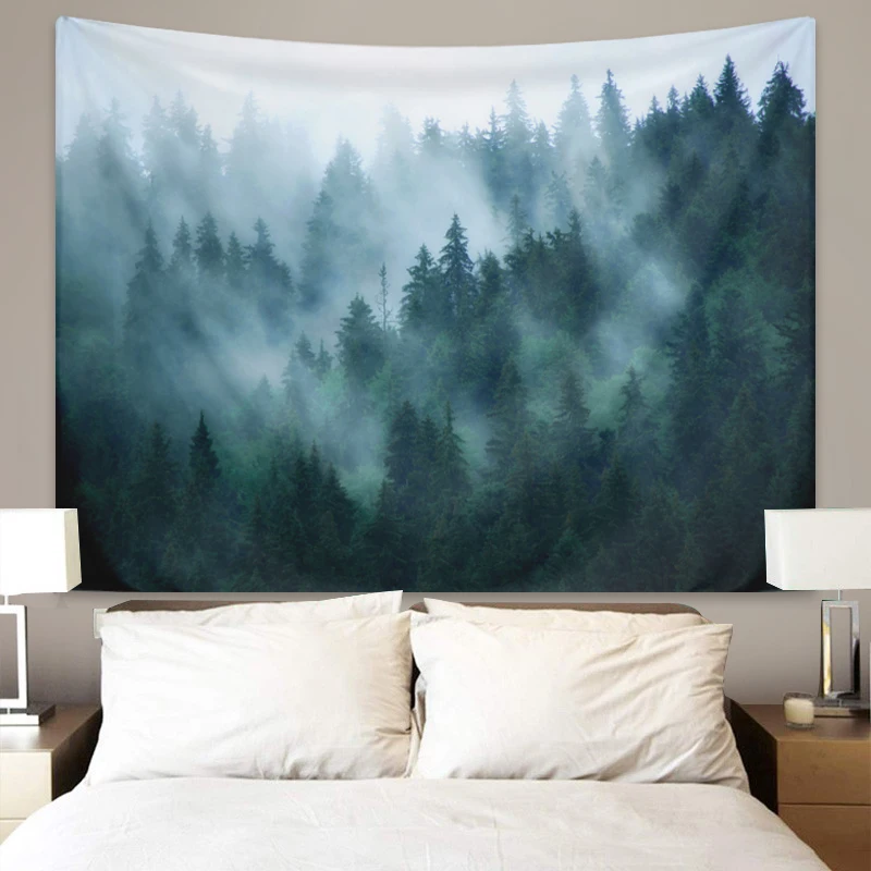 1pc Misty Forest tapestry, Misty Tree Wall Hanging, Natural Pine Forest Landscape Wall Hanging