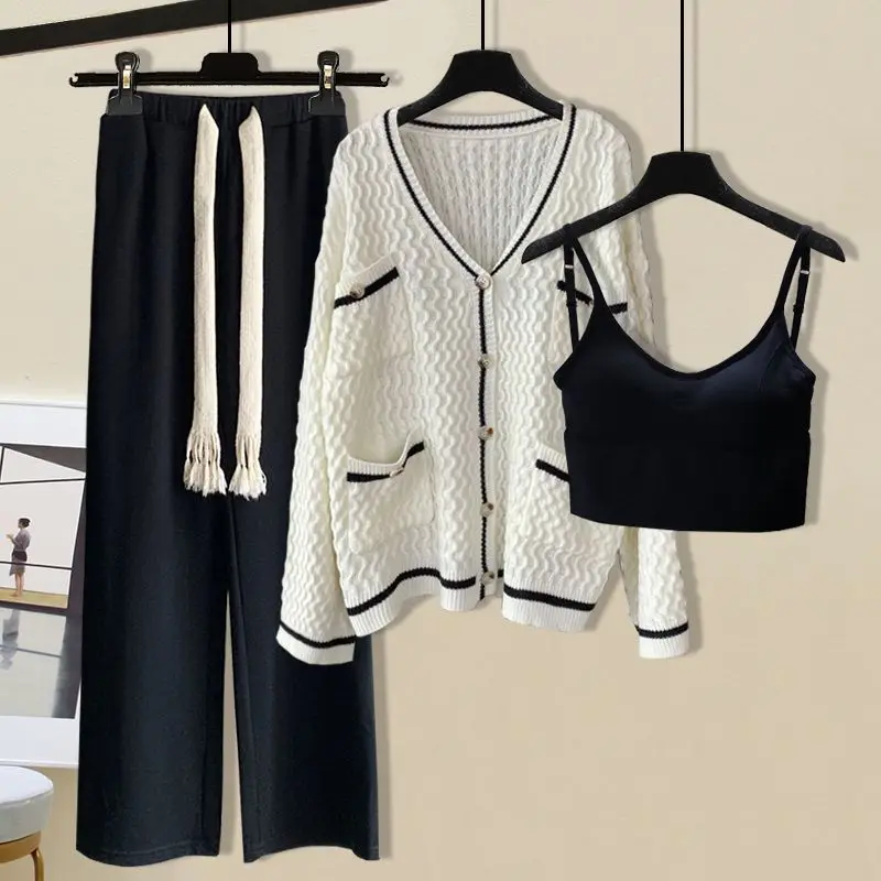 

Комплект из трикотажного кардигана, топа-майки и повседневных брюк для женщин, создающий омолаживающий эффект, осенний модный образ