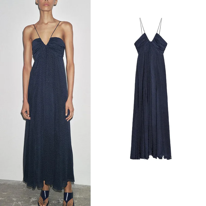 春の新作 レディースワンピース プリーツ素材 アシンメトリーヘム 水玉模様 Vネック ストラップレスワンピース ポリエステル00%