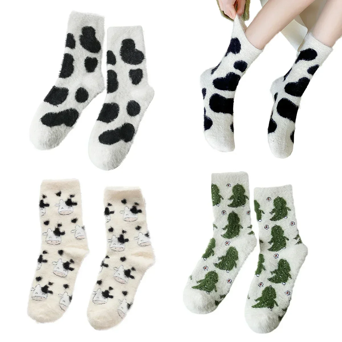 Plush Socks Lovely Cow Pattern Fuzzy Crew Socks Winter Warm Fleece Thickened Socks Adult Kids Mid-tube Velvet Hosiery