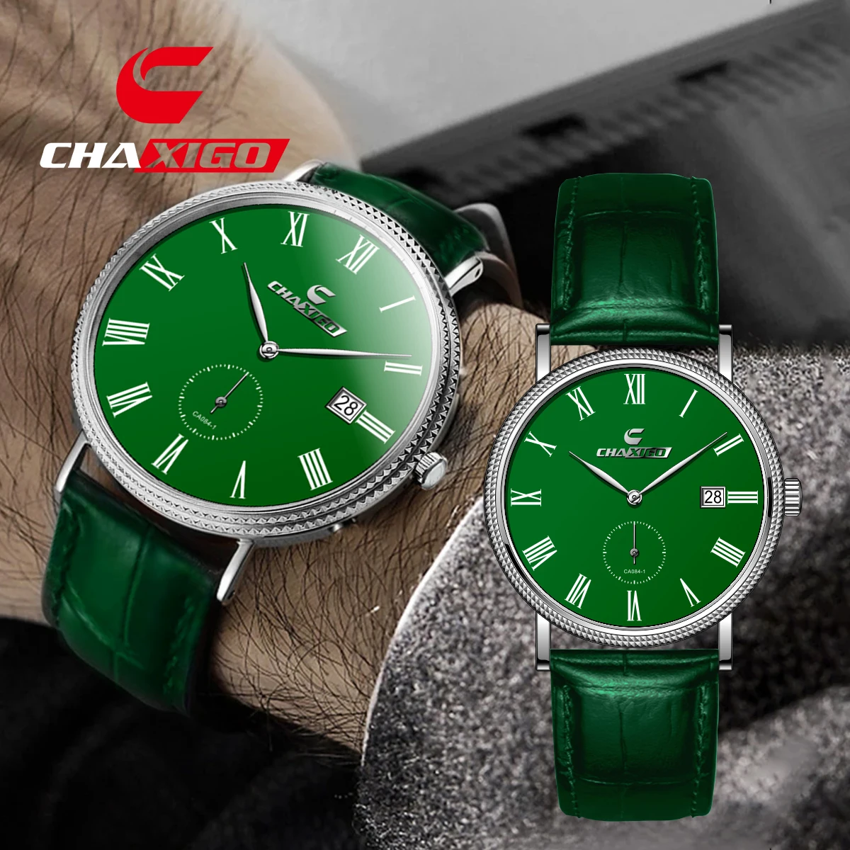 

CHAXIGO Men's Business Casual Leather Strap Watch 41.7mm Ultra-Thin Design Mineral Glass Waterproof Quartz Watch