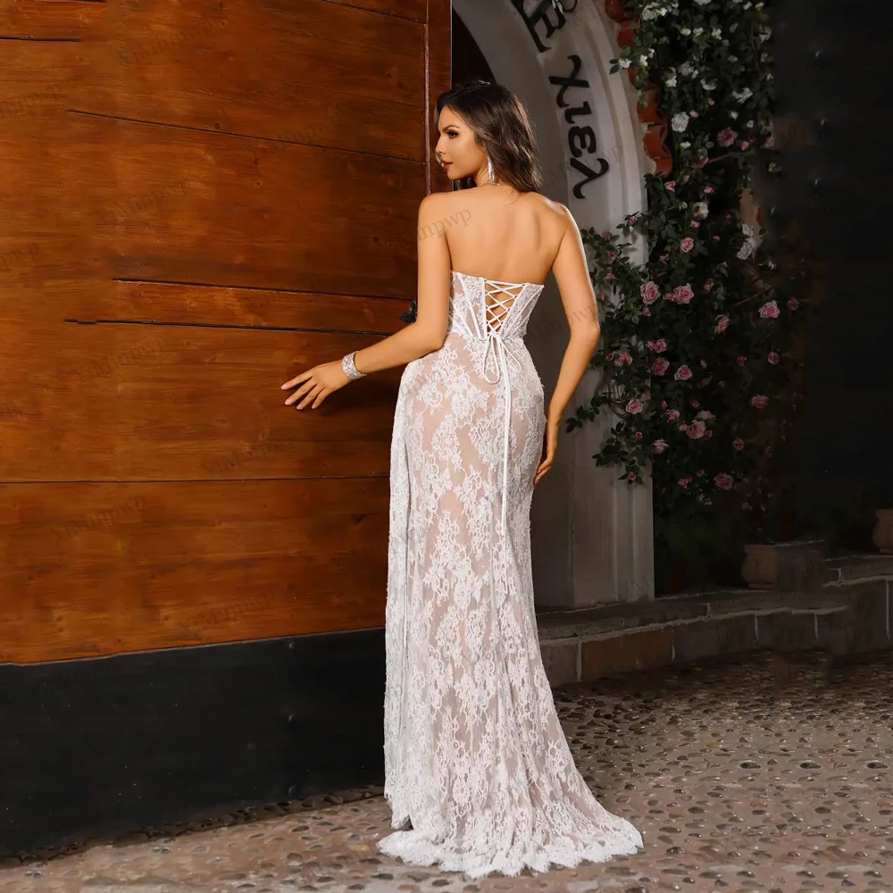 Customized Vintage Pleated Lace Mermaid Wedding Dress Split Corset свадебное платье Floor-length Evening Dresses