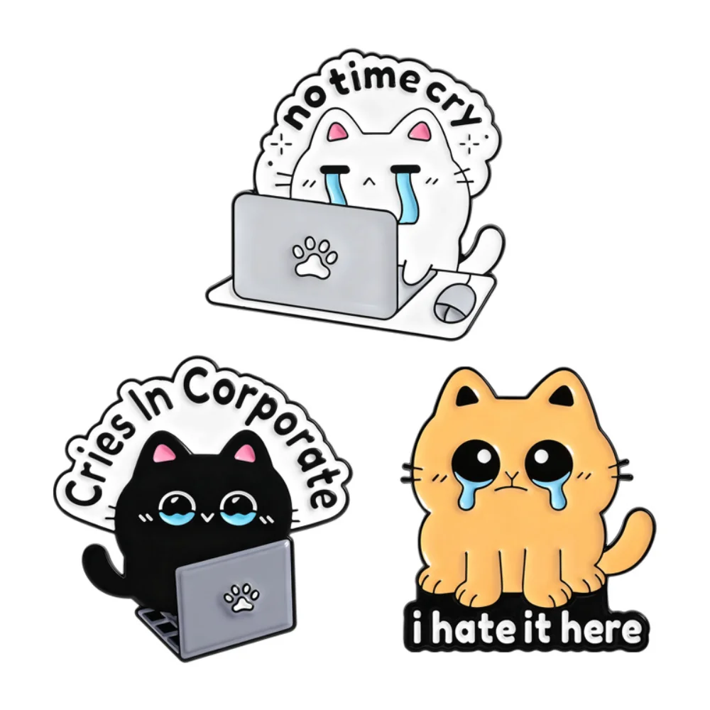 3 Pcs Cute Animal Workplace Cat Emotional Brooch Mourning Style Workplace Crying Cat Brooch Set Backpack Clothes Work Meme Badge