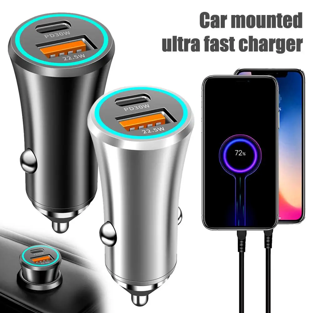 

Car USB Charger Mini USB PD 30W QC22.5W ABS Aluminum Alloy Type C Fast Charging In Car USB-C Adapter For IPhone Z2P4