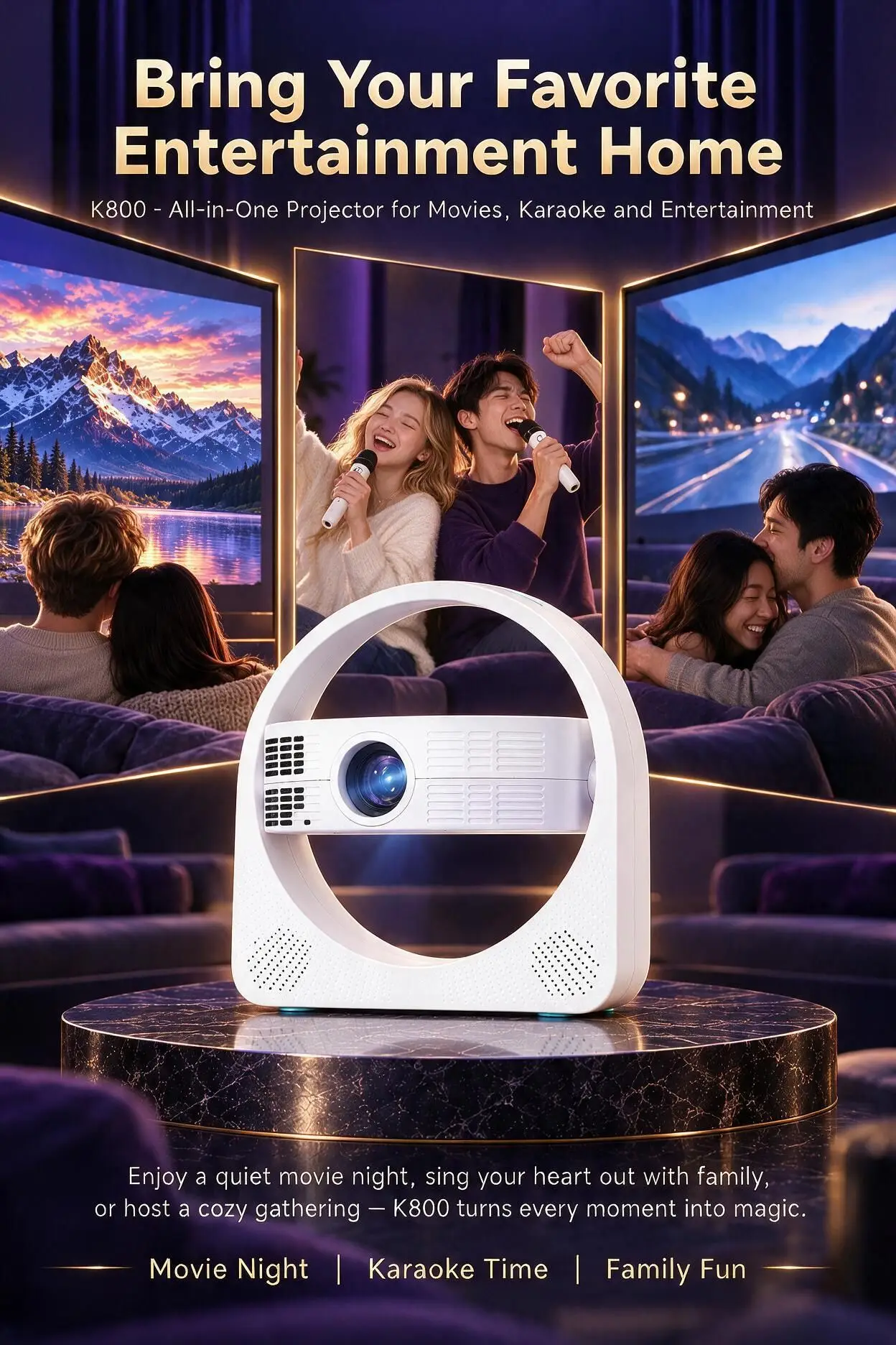 K800 Projector 1080P HD Smart Home Theater Projector Android Portable Wireless Screen Projection Electric Focus Home Karaoke