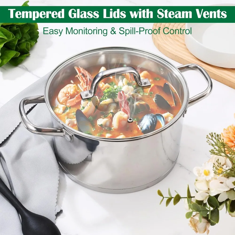 E-far 10-Piece Stainless Steel Cookware Set, Induction Pots and Pans Set with Tri-Ply Base, Non-toxic Kitchen Cooking Set w/Fryi