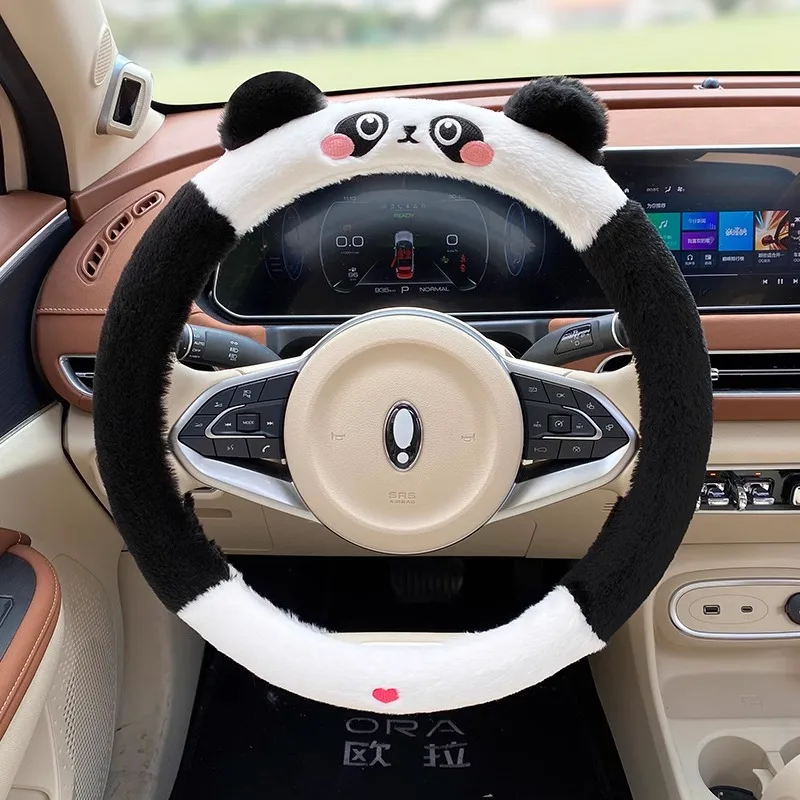 Warm Plush Car Steering Wheel Cover Protector Cute Cartoon Plush Panda Steering Wheel Cover Interior Decoration