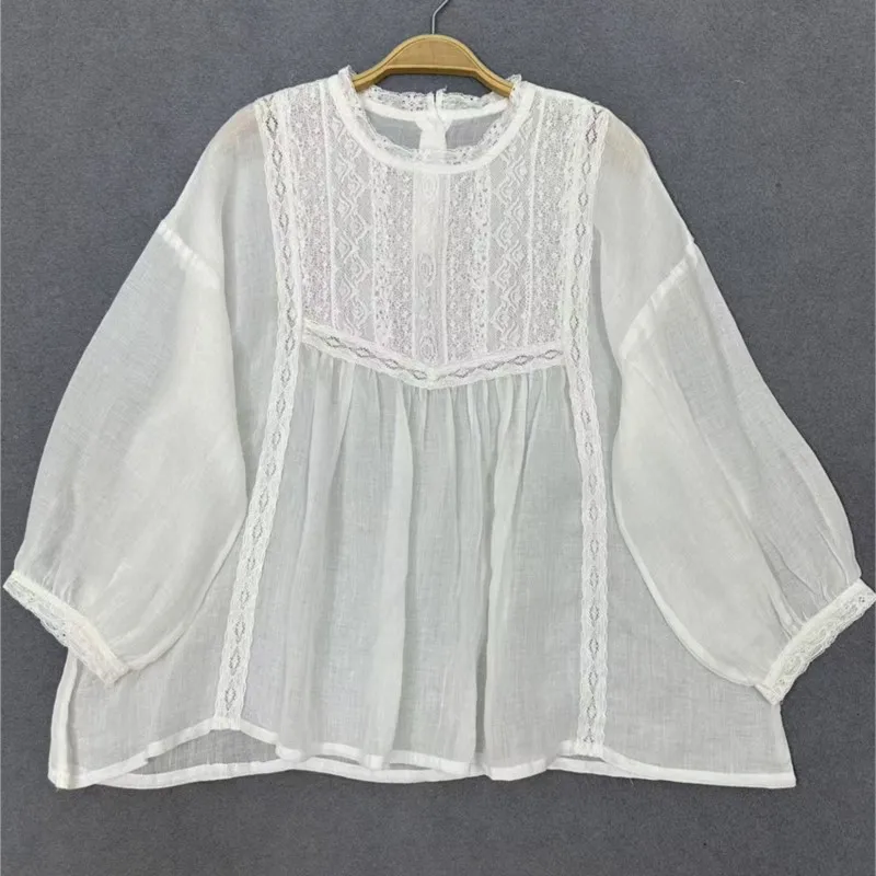 Johnature verão novo retro pulôver renda ramie solto camisa de manga de três quartos 2025 novo casual fino simples blusas femininas