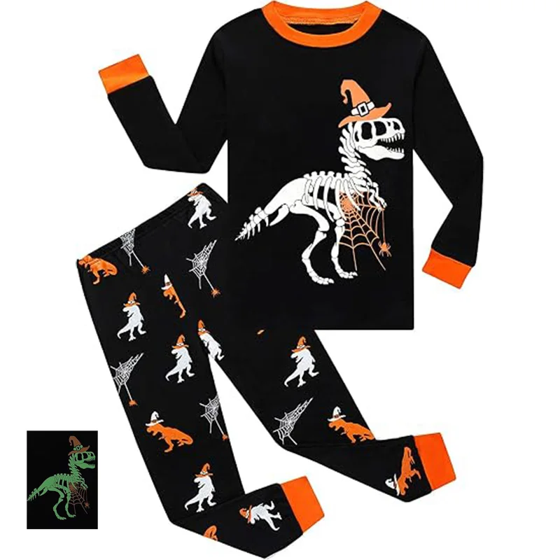 Little Hand Boys Trick Or Treat Pajama Set Halloween Skeleton Dinosaur Print Long‑Sleeve Nightwear for 2-7T Kids Costume Party