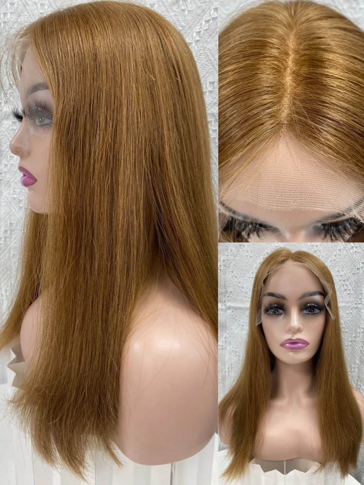 100% Virgin Human Hair Jewish Wig HD Transparent Lace 18 Inches Long Straight Medium Brown Color Full Volume L Size Kosher Hair