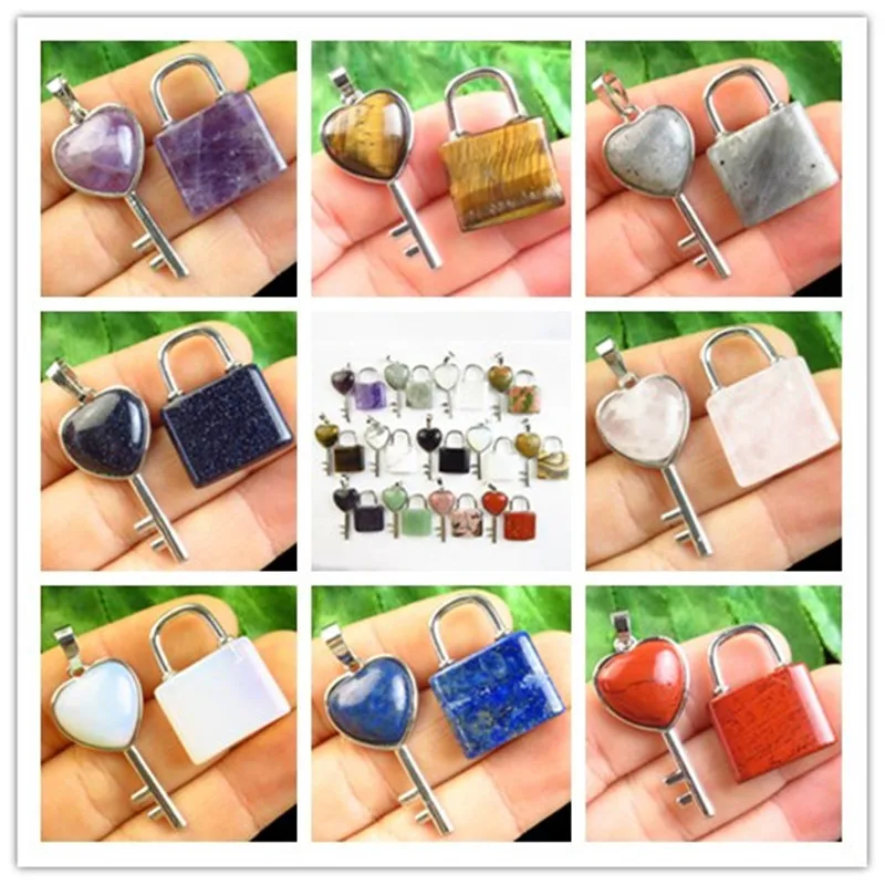 

2Pcs Natural Stone Amethyst/Crystal/Agate/Opal/Rose Quartz/Jasper Tibetan silver Heart Couple Lock Key Charm Jewelry Pendant