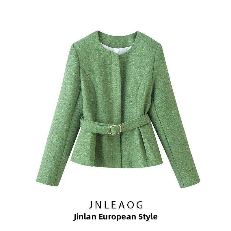 JNLEAOG Autumn New Fashion Coarse Weave Belted Jacket Outerwear Women's Luxury Style Short Coat Polyester Long Sleeve