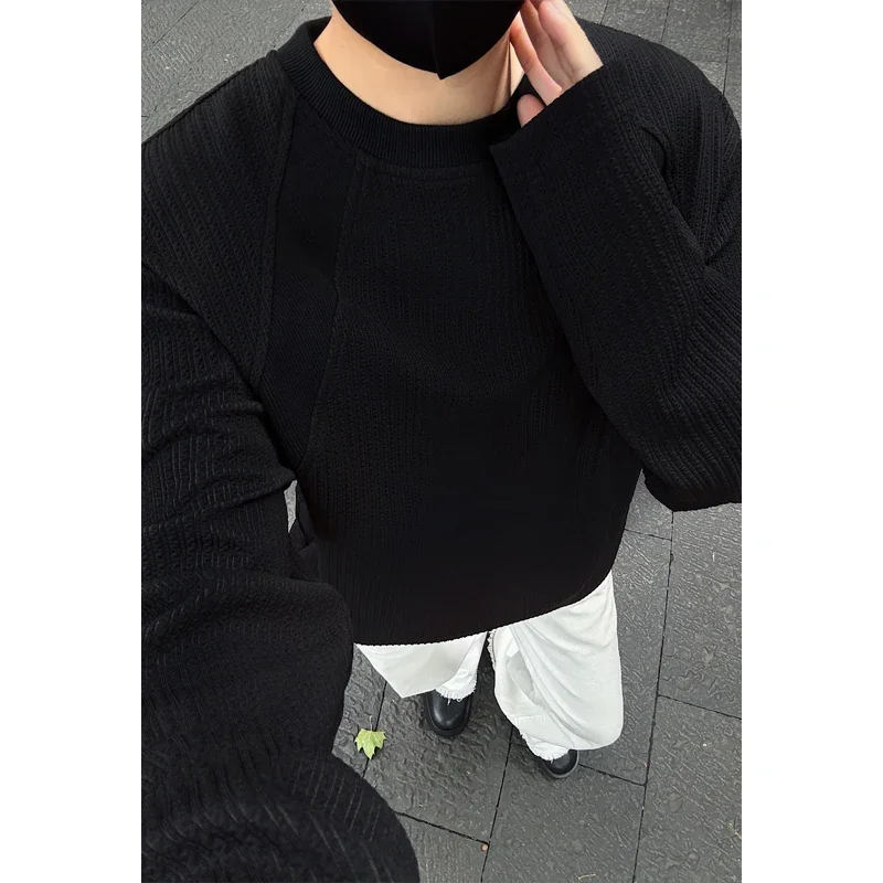 Mens Casual Crew Neck Knit Sweater Long Sleeve Vertical Texture Raglan Sleeve Soft Fabric For All Season Layering