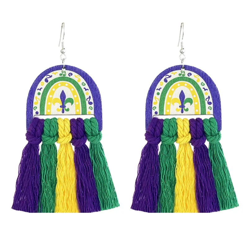 Carnival Earrings, Fat Tuesday, Mardi Gras Accessories for Women Purple, Green, & Gold Fringe Frayed Tassel Earrings Lightweight