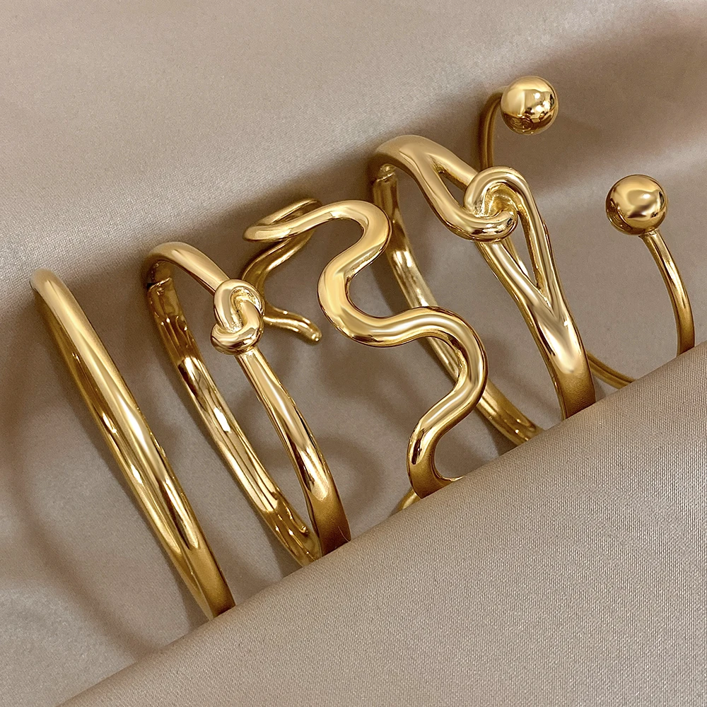 Golden Vintage Stainless Steel Bracelets Stackable Cuff Jewelry Women Men Fashion Simple Bangle Classic Accessories