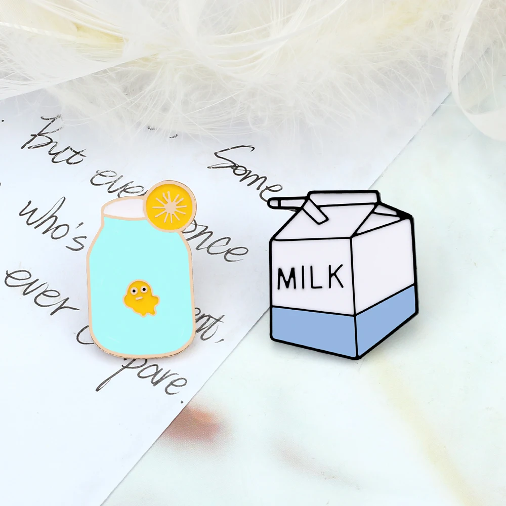 Milk and Juice Denim Lapel Pin Cartoon Straws Paper Boxes Cute Fish Lemon Juice Cup Drinks Enamel Brooch Kids Badge Jewelry Gift