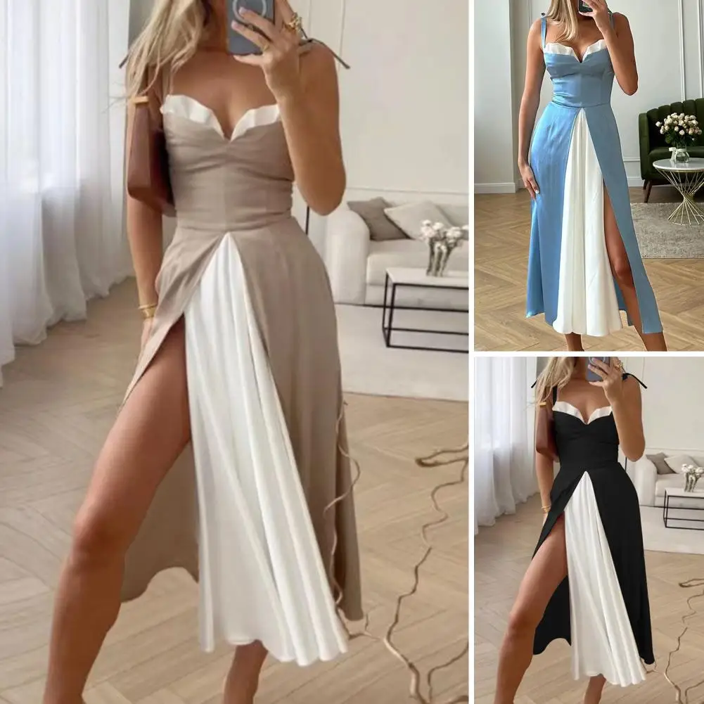 

Women Party Dress Elegant V-neck Lace-up Backless Prom Dress with High Split Hem High Waist for Women's Ball Banquet Midi Length