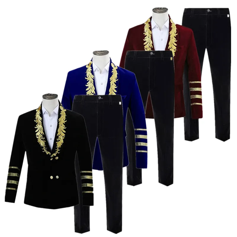

Luxurious Black Velvet Tuxedo Suit for Men, Gold Embroidered Lapel & Cuff Stripes, Formal Wear for Weddings/Parties