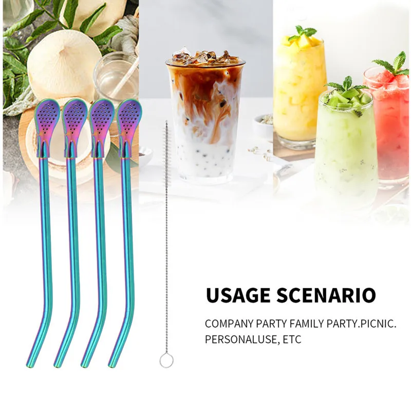 4pcs Filterable Straw Stainless Steel Reusable Straws With Cleaning Brush for Tea Fruit Juice Tumbler Home Bar Party Supplies