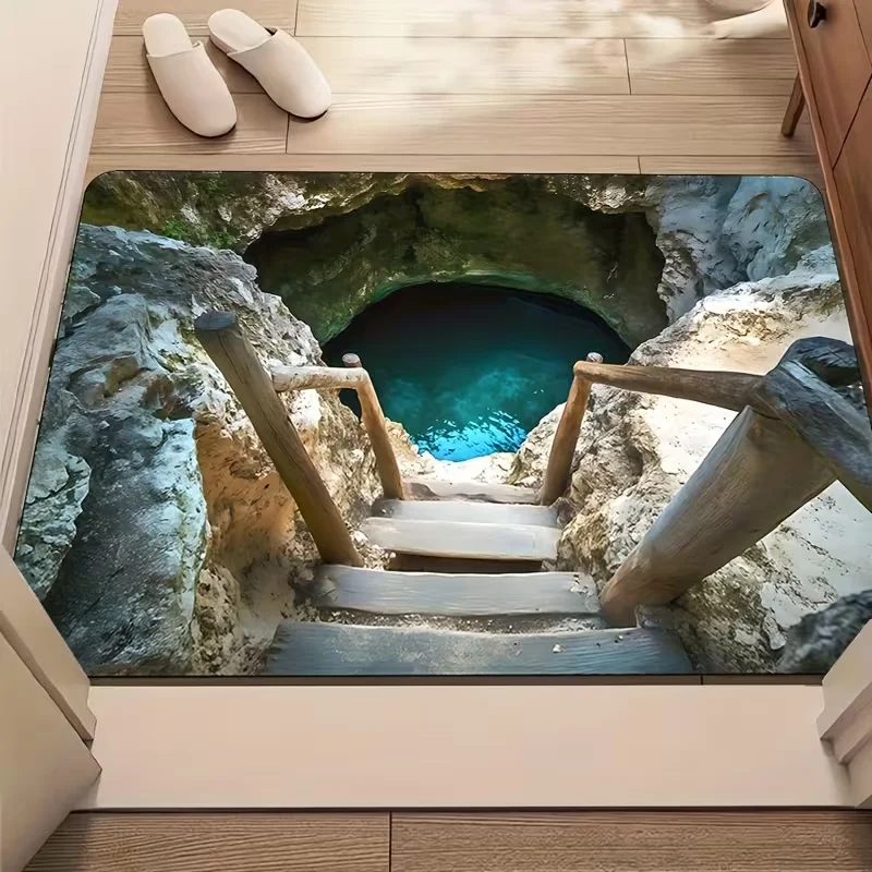 3D Visual Illusion Doormat Realistic Scenic Blue Lagoon Cave Pattern Anti Slip Entrance Mat for Home Bathroom Decor
