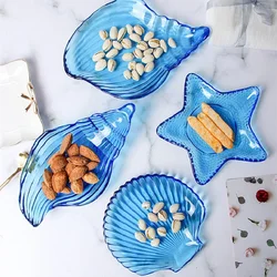 Clear Gold Rim Electroplated Blue Sea Features Snail Starfish Scallop Shape Transparent Rainbow Crystal Glass Dish Plate Saucer